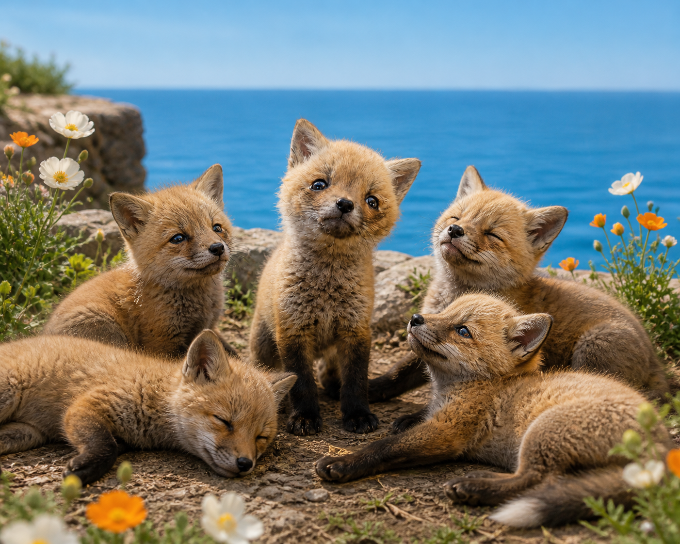 Apple resting with fellow rescued fox kits by the sea